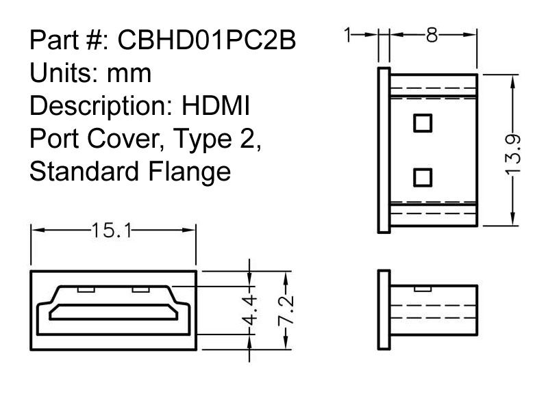 HDMI Port Jack Cover, Protective Cap, Flat Face, No Flange, Type 4, Black